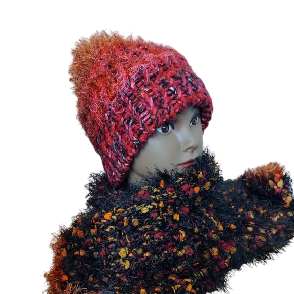 Knit Crochet Hat Scarf Set Colorful OOAK girls size S Multi Color Handmade - Picture 4 of 6